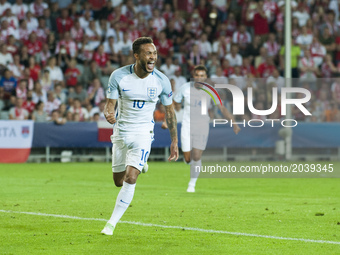 Lewis Barker of England celebrates after his score during the UEFA European Under-21 Championship 2017 Group A match between England and Pol...