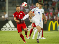 John Swift of England fights with Karol Linetty of Poland during the UEFA European Under-21 Championship 2017 Group A match between England...