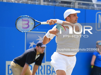 Gilles Muller of Luxembourg plays the AEGON Championships 2017 quarter final at the Queen's Club, London on June 23, 2017. (