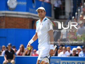 Gilles Muller of Luxembourg plays the AEGON Championships 2017 quarter final at the Queen's Club, London on June 23, 2017. (