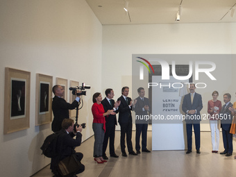 His Majesties the kings of Spain Philip VI and Letizia discover a plaque commemorating their visit to the new Botin Center of arts and cultu...