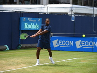 Donald Young of the US practices at The Queen's Club, London on June 22, 2017. The players use the grass courts to train themselves before t...