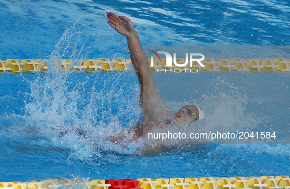 Dmytro Prozhoha (UKR) competes in Men's 50 m Backstroke Final B during the international swimming competition Trofeo Settecolli at Piscine d...