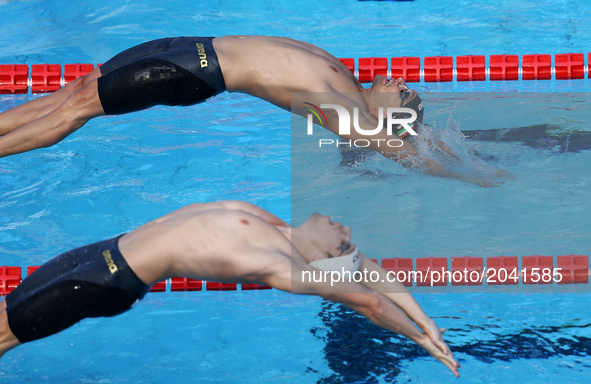 Gabor Balog (HUN) and Richard Bohus (HUN) compete in Men's 50 m Backstroke Final A during the international swimming competition Trofeo Sett...