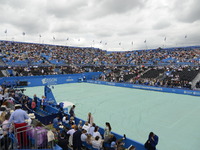 The Centre Court gets covered before the semi final of AEGON Championships at Queen's Club, London, on June 24, 2017. (