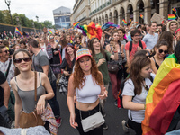 People participate in the Gay Pride Parade rally and march in the streets on June 24, 2017 in Paris, France. 2017 marks the 40th anniversary...