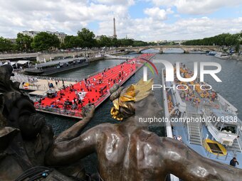 Floating athletics track install on the Seine River for the Olympics days for Paris 2024 Summer Olympics Games candidacy in Paris, France on...