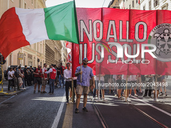 Thousands of members of Italian far-right movement CasaPound from all over Italy march with flags and shout slogans during a demonstration t...