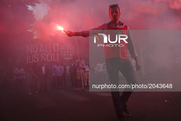Thousands of members of Italian far-right movement CasaPound from all over Italy march with flags and shout slogans during a demonstration t...