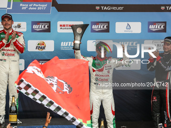NORBERT MICHELISZ (L) first place, TIAGO MONTEIRO (C) third place and ROB HUFF (R) during Podium ceremony of the Race 2 of FIA WTCC 2017 Wor...