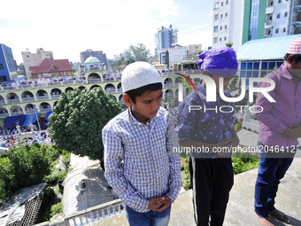 Nepalese Muslim kids offering Ritual Prayer during celebration of Eid al-Fitr at Kashmiri Takiya Jame mosque at Kathmandu, Nepal on Monday,...