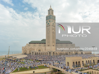 Moroccan Muslims gather to celebrate Eid al-Fitr Prayer in Casablanca's Hassan II mosque. Muslims around the world celebrate Eid al-Fitr mar...