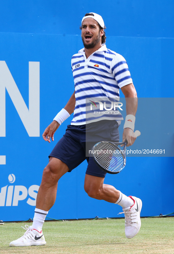Feliciano Lopez (ESP) celebrate after Men's Singles Final match on the day  seven of the ATP Aegon Championships at the Queen's Club in west...