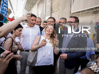 Giorgia Meloni and new Mayor of L'Aquila Pierluigi Biondi in L'Aquila, Italy, on June 26, 2017. In L'Aquila, a city in central Italy that ha...
