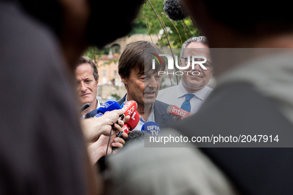 French Minister of Ecological and Inclusive Transition Nicolas Hulot answers to journalists' questions during a visit on June 26, 2017 in th...
