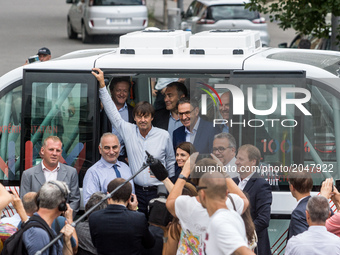 Mayor of the 4th district of Lyon David Kimelfeld and French Minister of Ecological and Inclusive Transition Nicolas Hulot greet people duri...