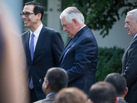 (L-R), U.S. Secretary of the Treasury Steven Mnuchin, U.S. Secretary of State Rex Tillerson, and U.S. Secretary of Defense James Mattis, wer...