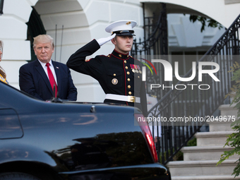 President Donald Trump and First Lady Melania Trump, bid goodbye to Prime Minister Narendra Modi of India, as he left  the South Portico (So...