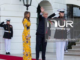 President Donald Trump and First Lady Melania Trump, bid goodbye to Prime Minister Narendra Modi of India, as he left  the South Portico (So...