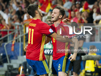 Saul Niguez and Marco Asensio of Spain celebrate after first goal during the UEFA European Under-21 Championship Semi-Final match between Sp...
