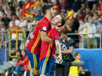 Spanish players celebrate after first goal for Spain during the UEFA European Under-21 Championship Semi-Final match between Spain and Italy...