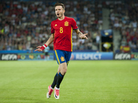 Saul Niguez of Spain celebrates after his second goal during the UEFA European Under-21 Championship Semi-Final match between Spain and Ital...