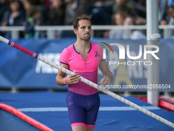 France's Renaud Lavillenie reacts after missing a jump in the Pole Vault event of the International Association of Athletics Federations (IA...