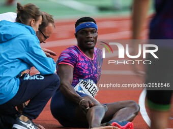 Omar McLeod of Jamaica injures itself during the men's 110 meters hurdles within the International Association of Athletics Federations (IAA...