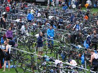 The athletes prepare their bike during the 2017 edition of the Paris triathlon on July 2. 2017 in Paris. An unprecedented course located ami...