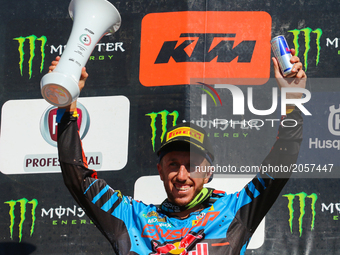 Antonio Cairoli #222 (ITA) in KTM of Red Bull KTM Factory Racing celebrate on the podium after win the MXGP World Championship 2017 Race of...
