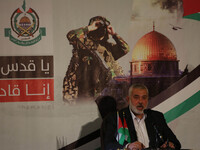 Hamas leader Ismail Haniya gives a speech in Gaza City on July 5, 2017. Haniya said that meetings between his movement and the Egyptian auth...