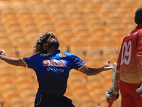 Sri Lanka's Lasith Malinga (L) as Zimbabwe's Malcolm Waller looks on delivers a ball during the third one-day international (ODI) cricket ma...