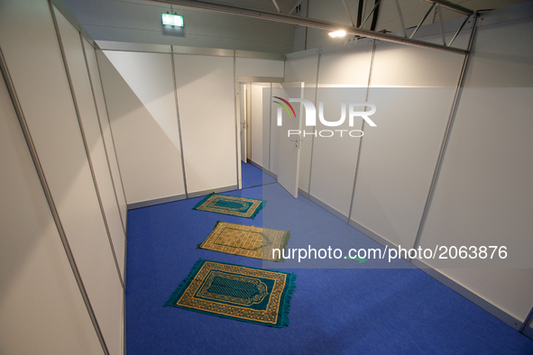 A prayer room is seen at the press center in the Hamburger Messe on 6 July, 2017 ahead of the 2017 G20 meeting taking place on Friday and Sa...
