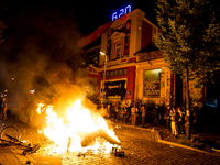 A barricade burns in front of the autonomous center Rote Flora, in Hamburg, Germany, on July 6, 2017. The police stopped the left-radical de...