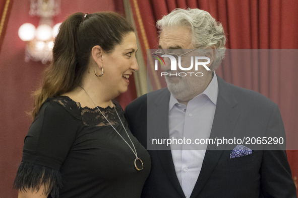 Spanish tenor Placido Domingo  with Italian soprano Anna Pirozzi before a press conference to present 'Macbeth' the opera by Giuseppe Verdi...