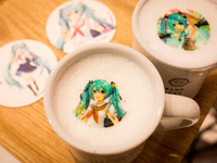 SENDAI, JAPAN - JULY 8: A special menu, Miku's latte is seen during augmented reality (AR) event in Sendai, Japan on July 8, 2017. As part o...