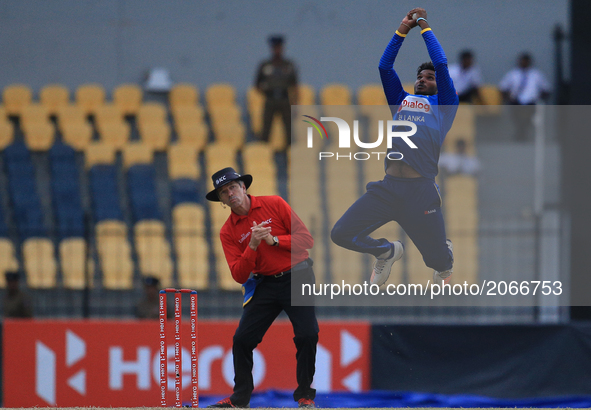 Sri Lankan cricketer Wanindu Hasaranga takes a catch to dismiss Zimbabwe's Sikandar Raza(unseen during the 4th One Day International cricket...