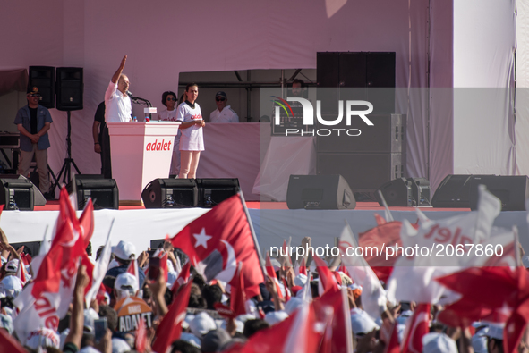 Turkey's main opposition Republican People's Party (CHP) leader Kemal Kilicdaroglu speaks on stage to thousands of supporters during the 'Ju...