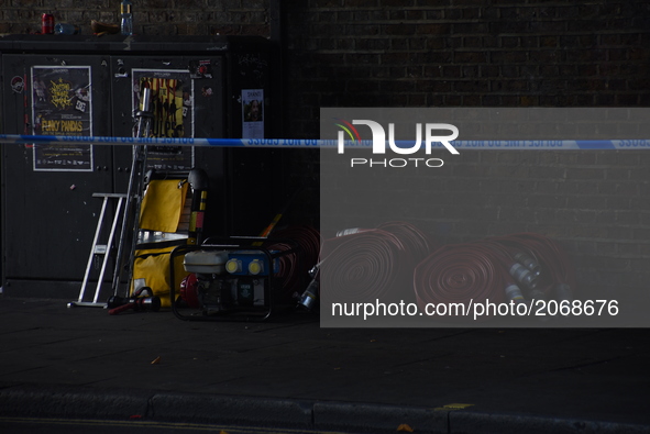 The aftermath of Camden Market's fire is seen in London on July 10, 2017. A fire has flamed into 'Camden Guitars' shop in the London's iconi...