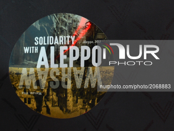 A sticker sold during a Concert 'Solidarity with Aleppo-Warsaw' in Krakow.
On Sunday, July 9, 2017, in Krakow, Poland. (