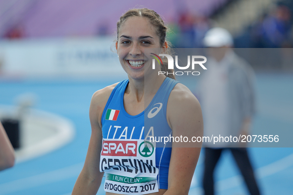 Lucia Quaglieri of Italy is seen after competing in the 100m hurdles during the U23 European Atheltics Championships in Bydgoszcz, Poland on...