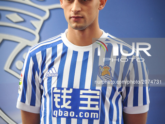 Adnan Januzaj poses with the new t-shirt of the Real Sociedad on the day of its presentation at San Sebastian, Spain, on 13 July 2017. (
