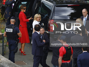 Brigitte Macron, Melania Trump leave the boat peniche after the Paris Tour in Paris, France, on July 13, 2017. (