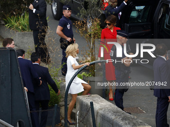 Brigitte Macron, Melania Trump leave the boat peniche after the Paris Tour in Paris, France, on July 13, 2017. (