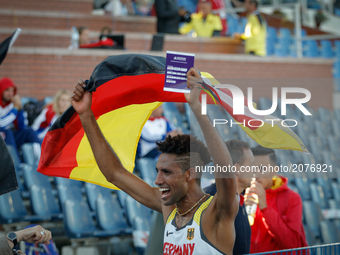 Amanala Petros of Germany is seen after winning second place in the mens 10000 meter final at the U23 European Athletics Championships on 13...