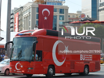 A bus covered with Turkish flag is seen marking the 1st anniversary of Turkey's failed coup attempt in Ankara, Turkey on July 14, 2017. On J...