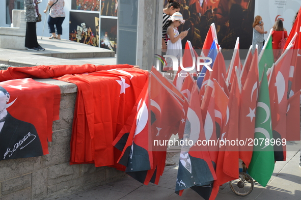 Turkish flags are seen on the street in Ankara, Turkey on July 14, 2017. On July 15, 2016, Turkish military factions, which organized themse...