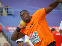 Denzel Comenentia of The Netherlands is seen competing in the mens shot put final on 14 July, 2017 in Bydgoszcz, Poland during the European...