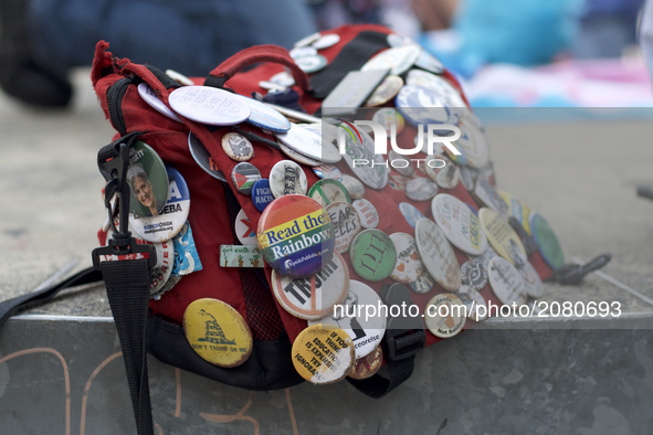 Duffel bag with buttons at a Refuse Racism rally in Philadelphia, Pennsylvania, on July 15, 2017. 