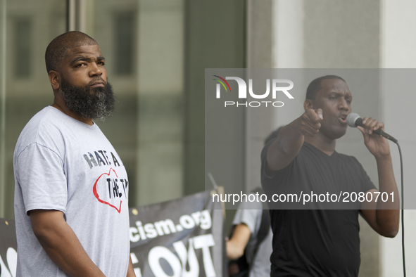 Black Lives Matter activist Asa Khalif speaks during a Refuse Racism Rally in Philadelphia, Pennsylvania, on July 15, 2017. 